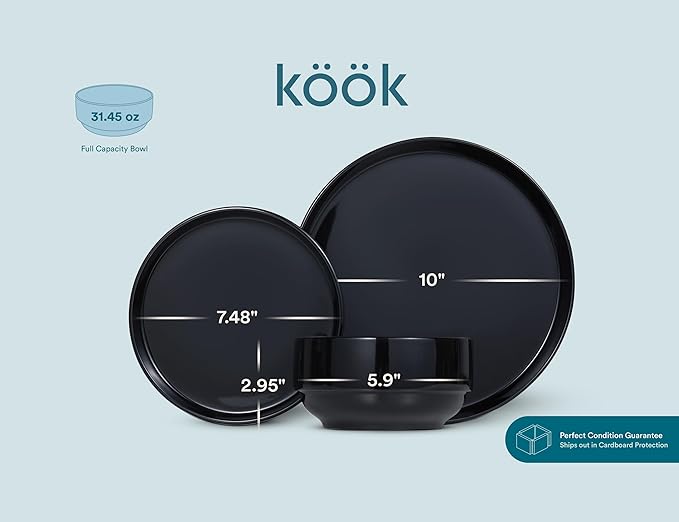 Ceramic Dinnerware Set 12-Piece Service for 4 Soup Bowls (31.5 oz) Salad Plates (7.5) Dinner Plates (10.5) Round Microwave and Dishwasher Safe Black Cambridge Classics