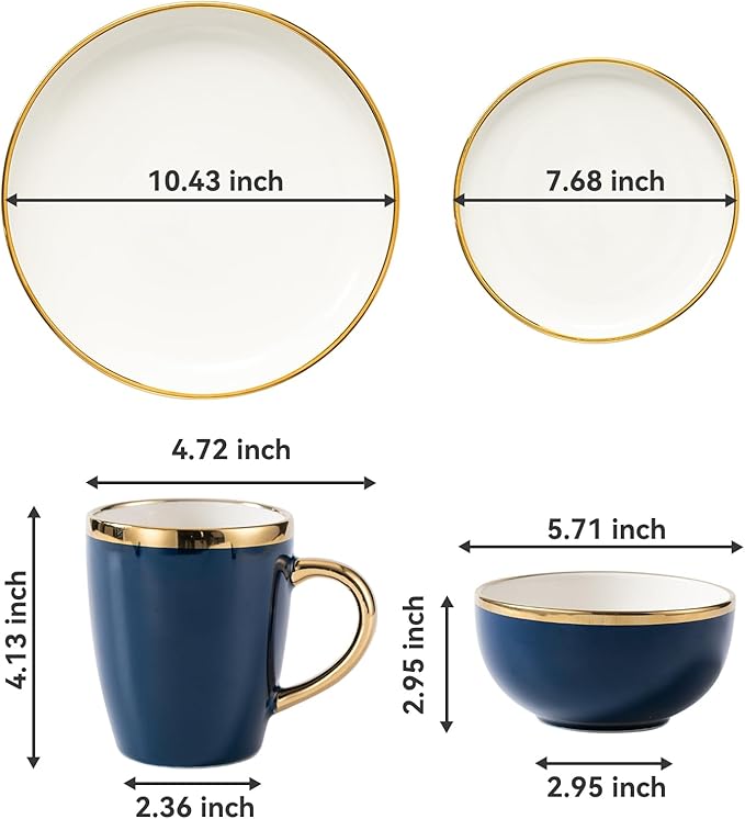Stoneware Tableware Set for 4 Ceramic Dinnerware Sets with Gold Trim Including 10.5 Dinner Plates 7.75 Dessert Plates 6 Dinner Plates and 14oz Coffee Cups Porcelain (Blue Glod)