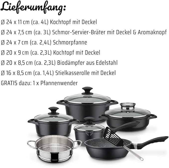 GSW Gourmet Granite Cooking Pot Set 10 Pieces Aluminium Glass Plastic Stainless Steel Black