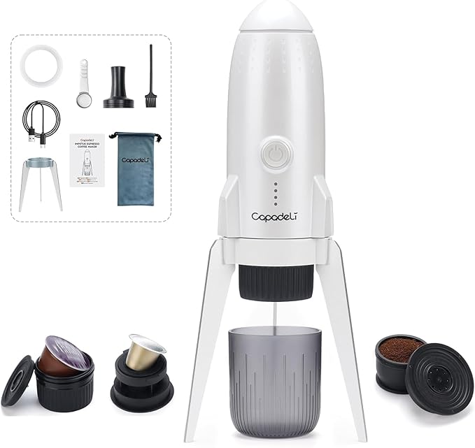 Portable Electric Espresso Machine 3-in-1 Self-Heating Coffee Maker for Travel &amp Camping 19 Bar Pressure Compatible with Ground Coffee &amp NE-SPRESSO/Do-lce Guto Pods Bright White