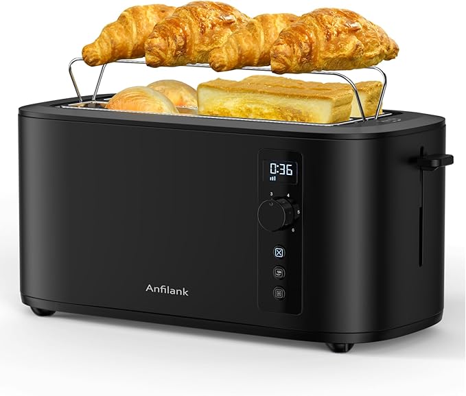 Toaster 4 Slice Long Extra Wide Slot 1.5 with Countdown Timer 6 Browning Settings Built-in Warming Rack Bagel/Cancel/Defrost Functions Removable Crumb Tray-Matteblack