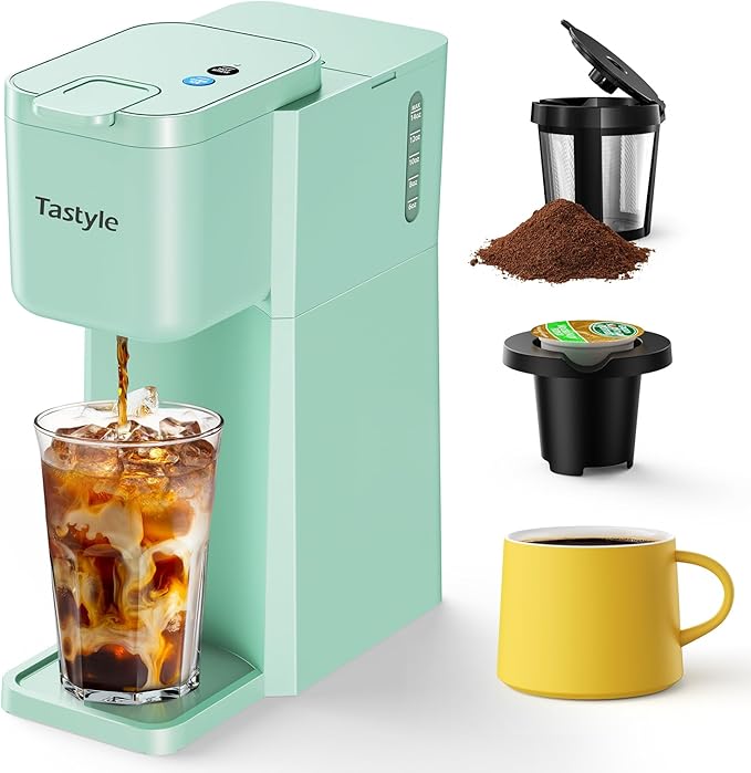 Mini Hot and Iced Coffee Maker Single Serve for K Cup and Ground 6 to 14 Oz Brew Sizes with Recipe Book for Home Travel RV Office and Dorm Mint