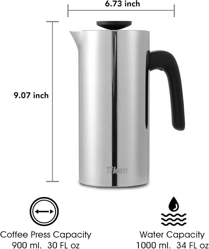 Tiken French Press Coffee Maker Stainless Steel Double-wall Vacuum Insulated Coffee Press Dishwasher Safe 34Oz Silver