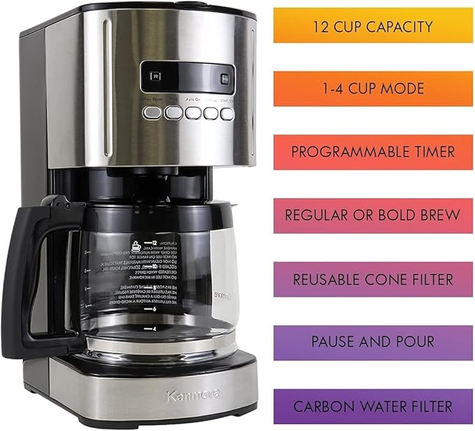 Kenmore Drip Coffee Maker - 12 Cup Programmable Cafe Machine With Glass Pot Regular &amp Bold Brew Auto Shut Off Large Water Reservoir Reusable Filter Kitchen Appliances Black