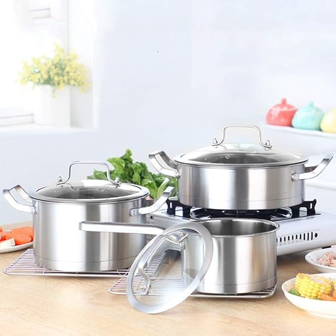 Cookware Cookware Set Kitchen Stainless Steel Soup Pot Saucepan Induction Safe Thickened Frying Pan Saucepan with Glass Lid 3 PCS/Set