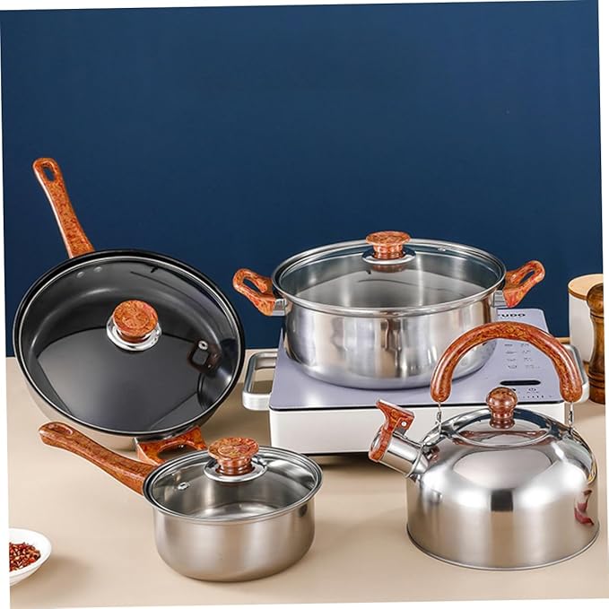 Cookware Set Stainless Steel Pots and Pans Set Frying Pan Soup Pot Milk Noodles Soup Heat Conductive Portable Non-slip Handles Family