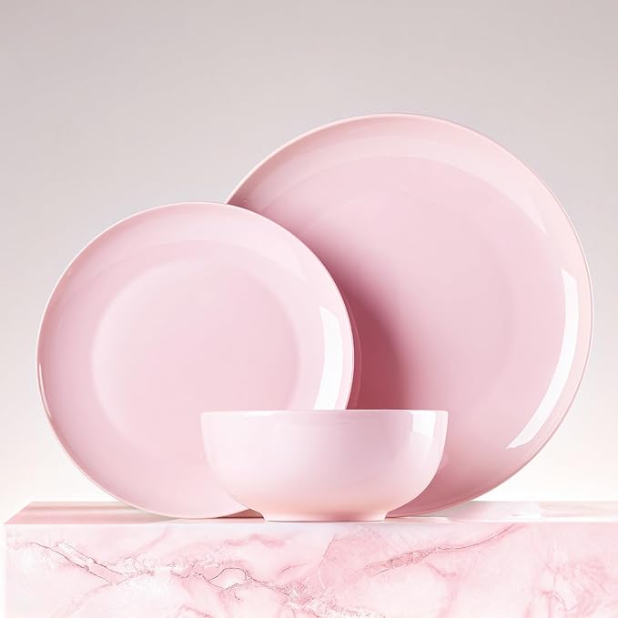 KINGSTONE Bone China Dinnerware Sets 18-Piece Dinnerware Set for 6 Lightweight Durable Dishwasher Safe Tableware for Daily Use with Elegant Design Pink
