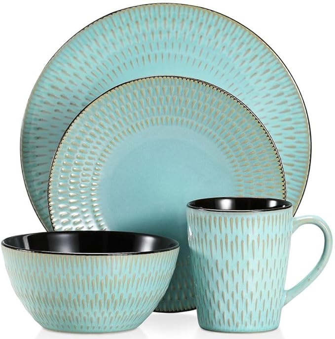 16 Piece Green Embossed Stoneware Tableware Set with Dinner Dessert Plate Soup Bowl Mug Service for 4