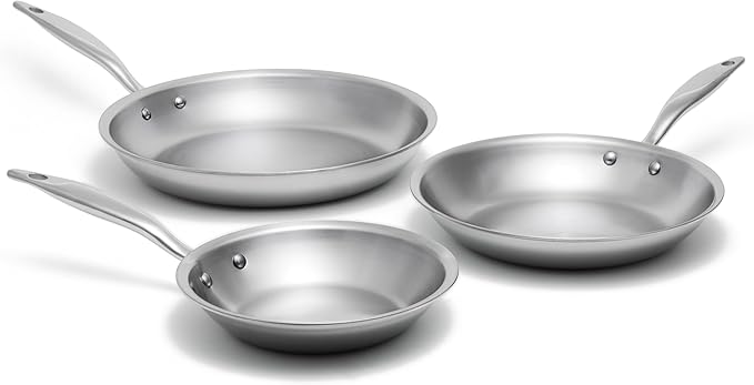 Heritage Steel 3 Piece Fry Pan Set | Made In USA | Titanium Series | 316Ti Skillet with Stay Cool Handle | Fully Clad Stainless Steel Pan with 5-Ply Construction | Induction Ready &amp Non Toxic