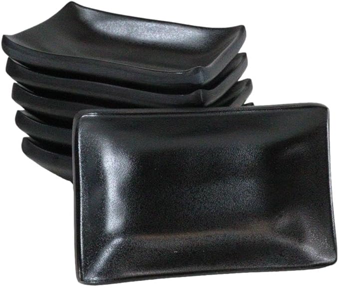 Ebros Gift Contemporary Ridged Matte Black Melamine Series Dinnerware Serveware Kitchenware Set Japanese Chinese Restaurant Supply (Pack Of 6 Rectangular Condiment Sauce Dish 2oz)