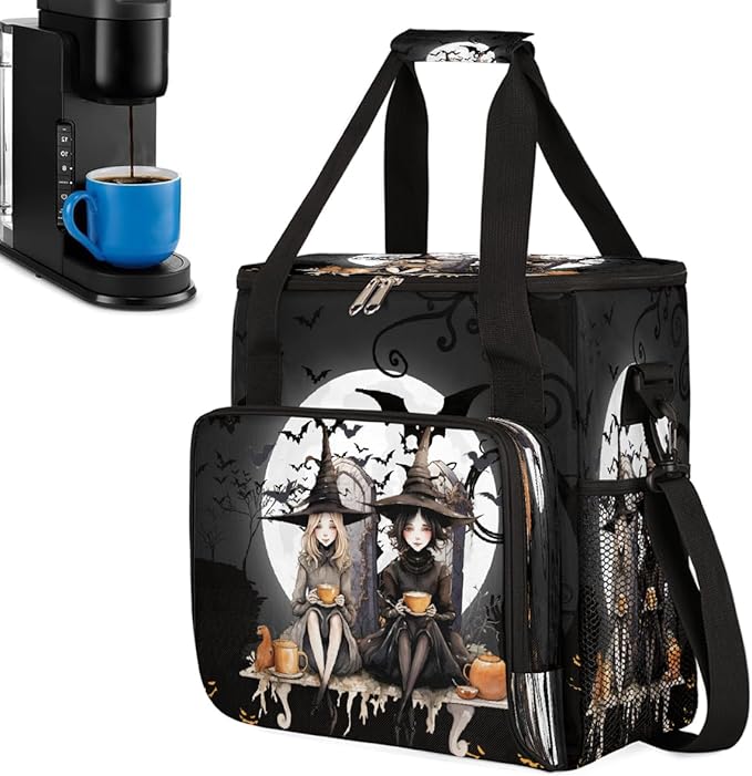 Halloween Witch Bat Moon Coffee Maker Carring Bag Travel Carrying Storage Tote Bag Compatible with Keurig K-Mini or K-Mini Plus Portable Single Serve Coffee Brewer Case with Pockets for K-cup Pods
