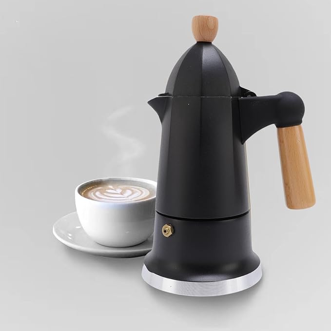 SIXRUN Aluminum Alloy Octagonal Percolator Coffee Pot Maker with Safety Valve and Beech Wood Handle (Black)