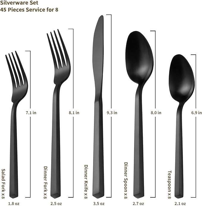 Alata Cube 45-Piece Forged Stainless Steel Flatware Set Cutlery Set with Utensil-Serving Set Silverware Set Service for 8 Matte Satin Polished Dishwasher Safe