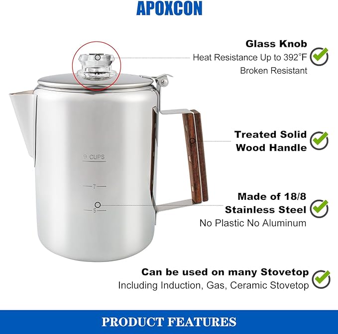 Coffee Percolator Camping Coffee Pot Stainless Steel with Glass Knob Using on any Stovetop - NO Aluminum NO Plastic (9 Cup)