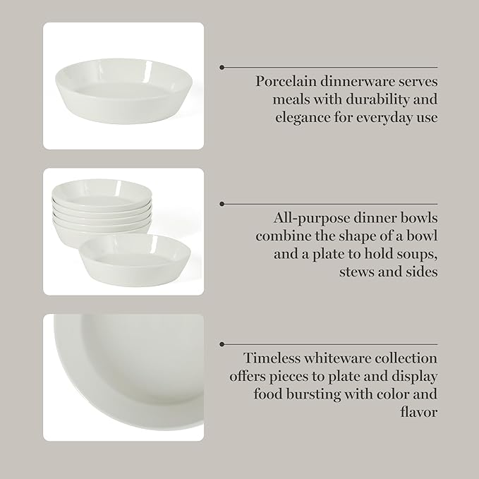 Martha Stewart Selma 6-Piece 41oz 8 Inch Large Pasta Bowls Porcelain Ceramic Chip and Scratch Resistant Shallow Salad Bowl Serving Bowls Soup Bowls Set Dishwasher &amp Microwave Safe White