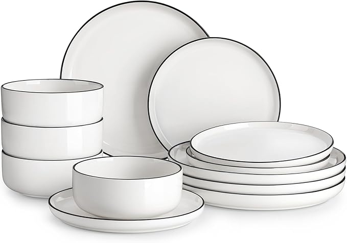 MALACASA Plates and Bowls Sets 12 Pieces Modern Porcelain Dinnerware Set for 4 White Kitchen Dinner Dining Ware Set wtih Black Rim Ceramic Dishware Dishes Microwave and Dishwasher Safe Series LUNA