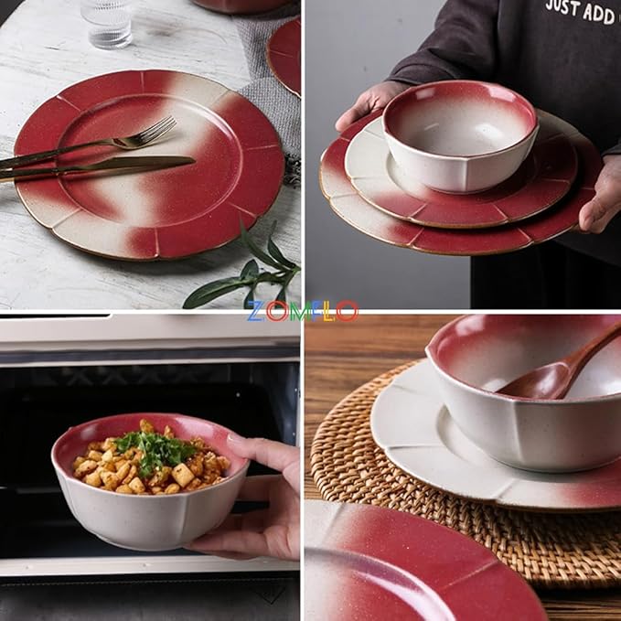 Ceramic Dinnerware Sets for 4 12 Pieces Dishes Set for Kitchen Porcelain Floral Plates and Bowls Set Microwave and Dishwasher Safe Scratch Resistant Underglaze painting (Gradient Red)