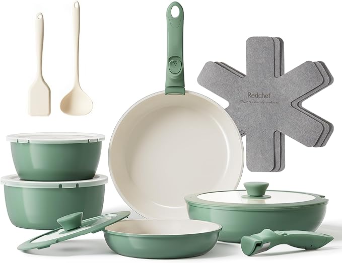 Redchef 17pcs Ceramic Pots and Pans Set Non Stick Nonstick Kitchen Cookware Set with Detachable Handle Non Toxic PFAS PFOA &amp PTFE Free RV Ceramic Cookware Set for Camping Dishwasher/Oven Saf