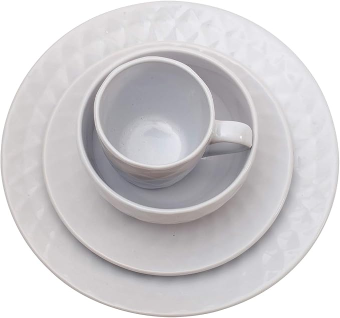 A&ampB Home Large 16 Piece Dinnerware Set Glossy Cream Stoneware Plates Bowls Mugs French Country Geometric Design Kitchenware Serves 4 People