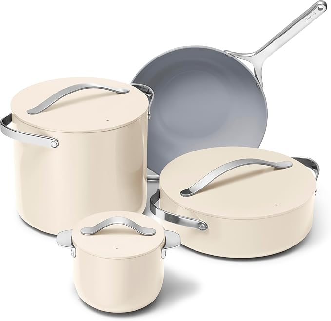 Caraway Cookware+ Collection - Specialty Cookware Set - Petite Cooker Stir Fry Pan Rondeau &amp Stock Pot - 3 Lids &amp Storage Organizer Included - Cream