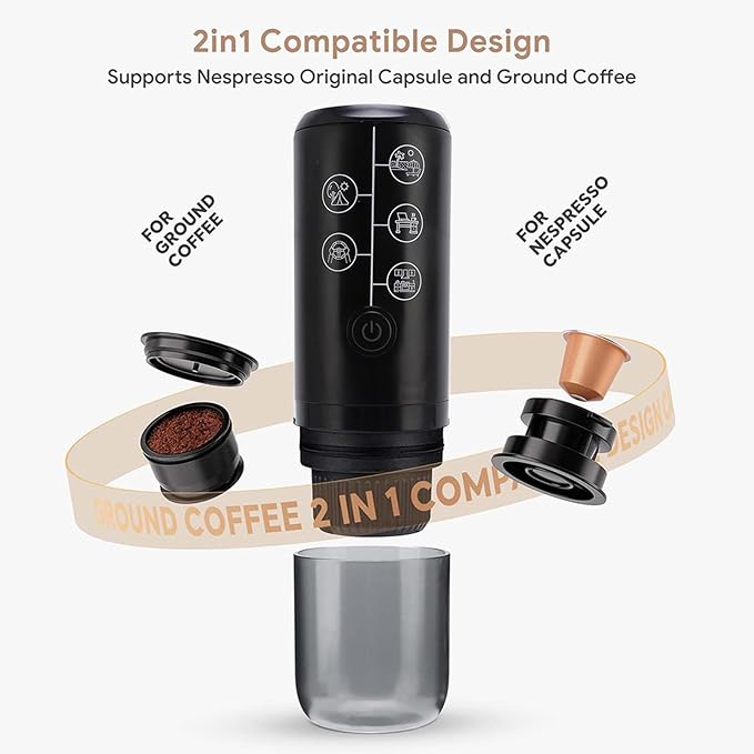 HEEPDD Coffee Maker 17Bar Pressure High Efficiency Electric Coffee Machine Multifunctional Portable Coffee Maker for Outdoor Travel Powder and Capsules Compartment (Black)