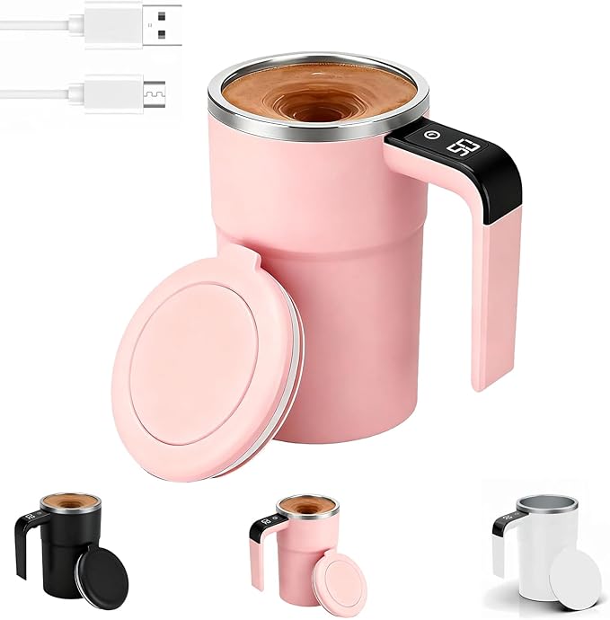 Self-Stirring Magnetic Coffee Cup with Temp Display 16oz/380ML Type-C Rechargeable Touch Lcd Display Safe &amp Food-Grade Easy to Clean (Pink1PCS)
