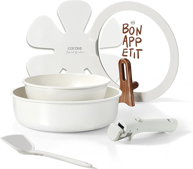 CAROTE Ceramic Pots and Pans Set Non Stick Nonstick Kitchen Cookware Sets with Lid Detachable Handle Sauté Pan Set Non Toxic Frying Pan Oven Safe Induction Ready Cream White