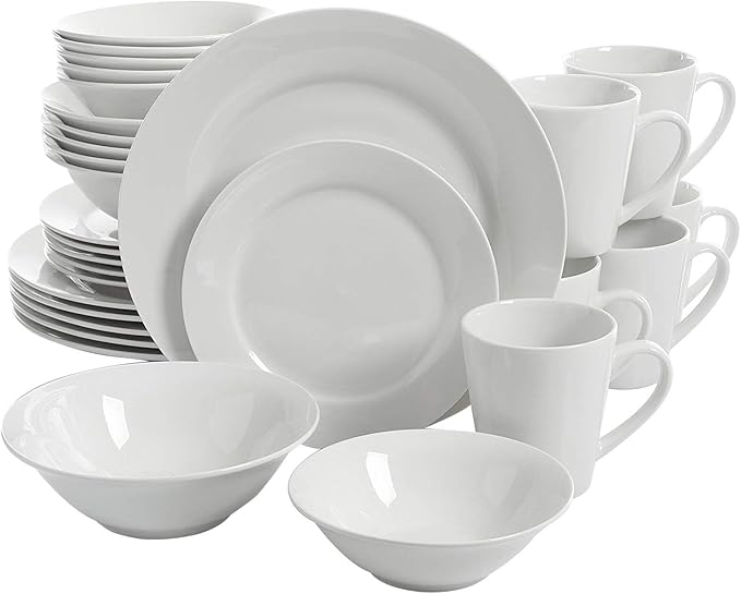 Unknown1 30 Piece Ceramic Dinnerware Set in White Solid Modern Contemporary Round Microwave Safe