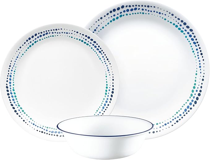 Corelle Dinnerware Set (12pc Set Ocean Blues)-Dinner Set for 4 Includes 4 x: Plates Side Plates &amp Bowls 3 X More Durable Half The Space &amp Weight of Ceramic up to 80% Recycled Glass (1146