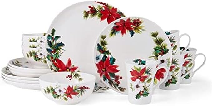 Mikasa Hope Joy Holiday Poinsettia Bone China Lightweight Chip Resistant 16 Piece Dinnerware Set Service for 4 Multicolor