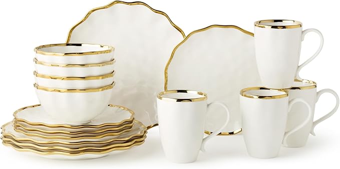Regency Gold 16-Piece Dinnerware Set – Elegant Gold Rimmed Porcelain Plates Bowls &amp Mugs – Service for 4 – Sophisticated Dining Set for Everyday Meals Holiday Gatherings &amp Wedding Gifts