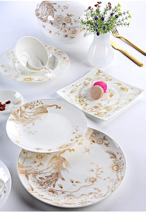 50-Piece White &amp Gold Bone China Dinnerware Set Tabletops Bone White Porcelain Round Dinnerware Collection Service For 10