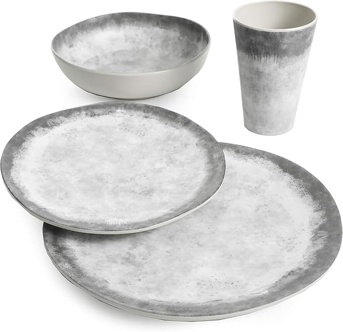 Organic Decal 16 Piece Melamine Dinnerware Set Gray and White Plates Bowls &amp Tumblers Service for 4 Break-Resistant Indoor Outdoor Dining