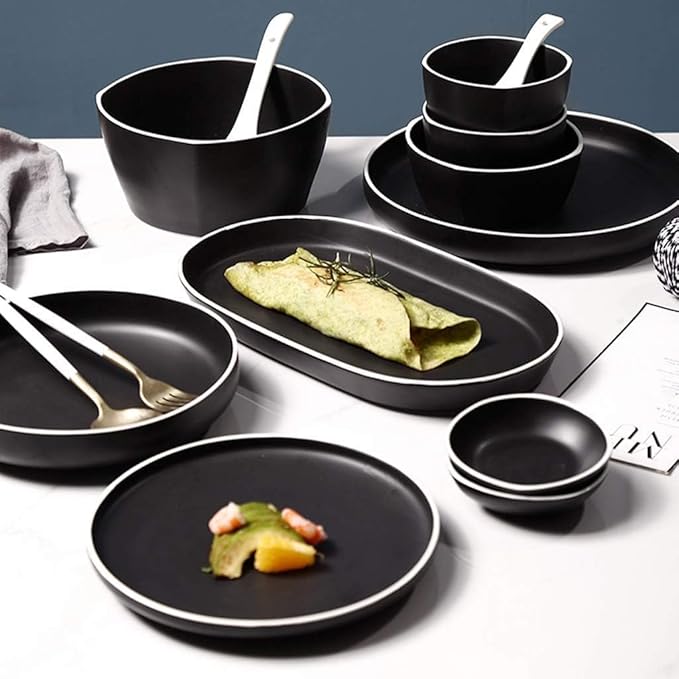 Dinnerware Set Plates and Bowls Sets 48 Pieces Porcelain Dinnerware Combination Set | Black Matte Steak Plates And Cereals Bowls Sets