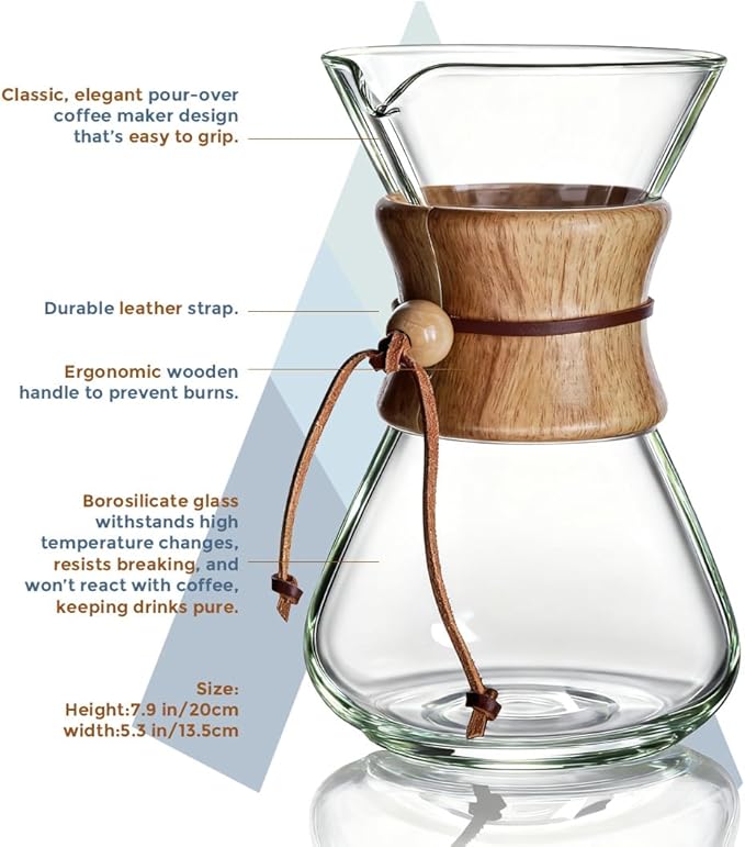 AGOGO Pour Over Coffee Maker Glass - 8 Cup Barista Kit with 304 Stainless Filter for Home Office Camping Cafes - Easy Clean Coffee Dripper Set (Soft Towel&ampBrush) (8 Cup/28 oz-Slim Shape)