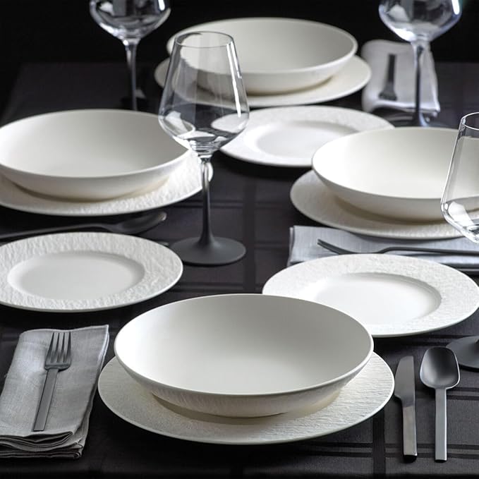 Villeroy &amp Boch Manufacture Rock Blanc 12-Piece Dinnerware Set Service for 4 Dinner Plates Salad Plates &amp Pasta Bowls Premium Porcelain Made in Germany Matte White