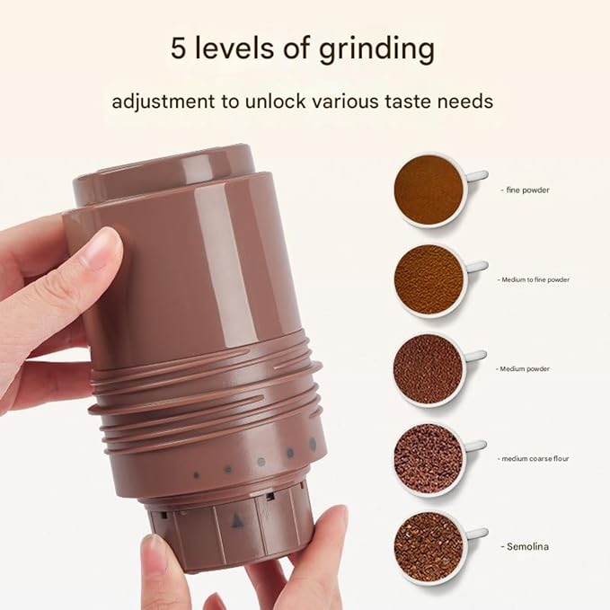 Portable All-in-One Coffee Maker with Grinder —USB-C Rechargeable Cordless Ceramic Burr Low-Heat Grind &amp 5-Stage Grind 250ml Stainless Cup &amp Dual-Layer Filter — Travel Office Camping Dorm
