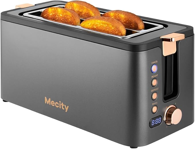 Mecity 4 Slice Toaster Long Slot Toaster With Warming Rack Timer Bagel Defrost Reheat Functions Crumb Tray 6 Browning Settings Extra Wide Long Slots Stainless Steel 1300W Grey