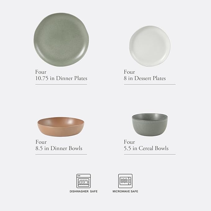 Gibson Elite Menlo Park 16-Piece Pottery Clay Stoneware Dinnerware Set – Assorted Color Reactive Glaze Organic Shape Embossed Plates and Bowls W/Pasta Bowl Service for 4 Microwave Dishwasher Safe