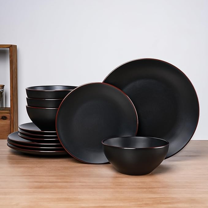 Famiware Venus Dinnerware Sets and Mercury Coffee Mugs Set of 4 16 Pieces Plates and Bowls Sets Microwave and Dishwasher Safe Black