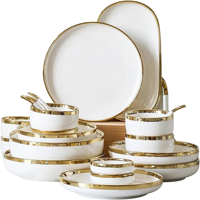Dinner Sets Gold Bright White Porcelain Dinner Sets Ceramic Bowl Dish Plates Set Porcelain Dinnerware For Household HotelBright 4people Set