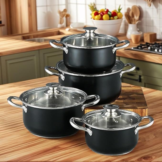 8Pcs Stainless Steel Cookware Set Leak Proof Universal Cooking Pot Combination Anti-Scratch Stockpot Cookware Suit for Soup Cooking Stove