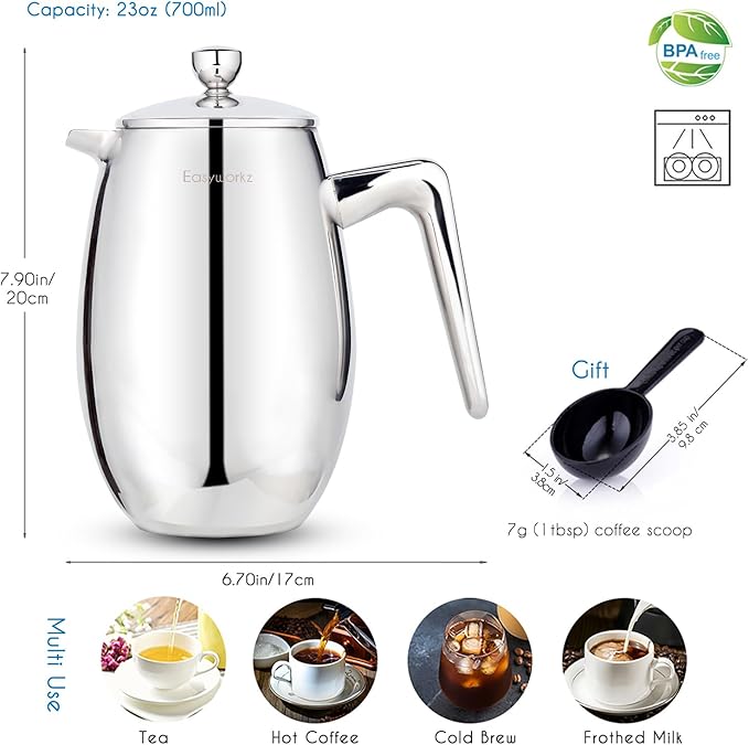 Easyworkz Nando French Press 23 oz Double Wall Insulated Thermal Coffee Maker304 Stainless Steel Cafetiere