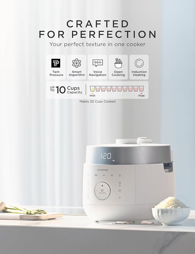 CUCKOO Twin Pressure Rice Cooker 10-Cup Uncooked / 20-Cup Cooked with Induction Heating Technology 20 Menu Modes with Voice Guide Large Rice Maker Multi-Cooker &amp Pressure Cooker (CRP-LHTR1009FW)