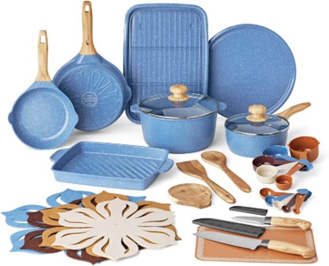 32-Piece Ceramic Nonstick Cookware Set with Utensils &amp Bakeware – Fry Pans Dutch Oven Grill Pan Knives Measuring Cups &amp Spoons Pizza Pan Baking Sheet (Blue)