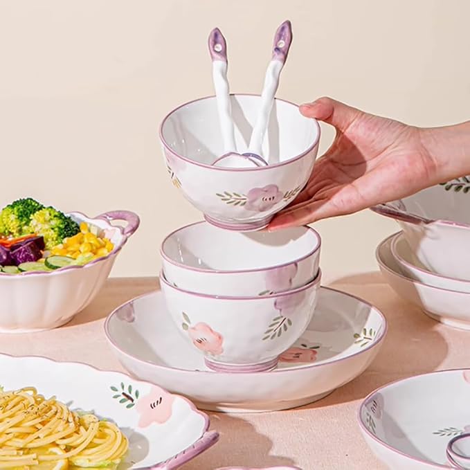 Modern Dinnerware Set Ceramic Plate And Bowl Set Serves 4-10 Purple Floral Dinnerware Set Dinner Salad Dessert Plate And Cereal Bowl SetB