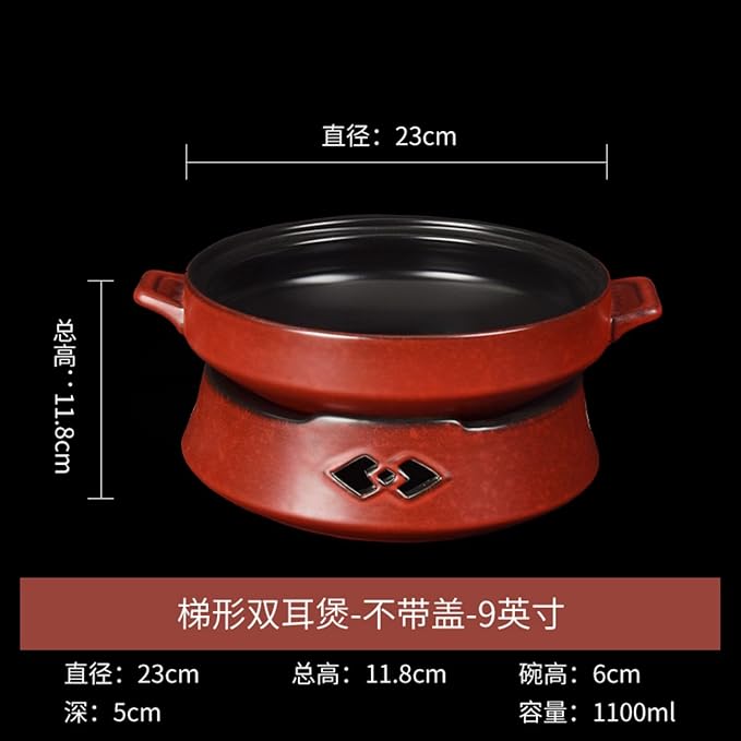 Thcbme 酒店陶瓷保温带双耳明炉碗加深大号 Ceramic Dish Set 加热圆汤锅创意明档碗/birthday plates Lounge Round Reactive Glaze Stoneware Dinnerware Set/9英寸梯形双耳煲（红黑不带盖）