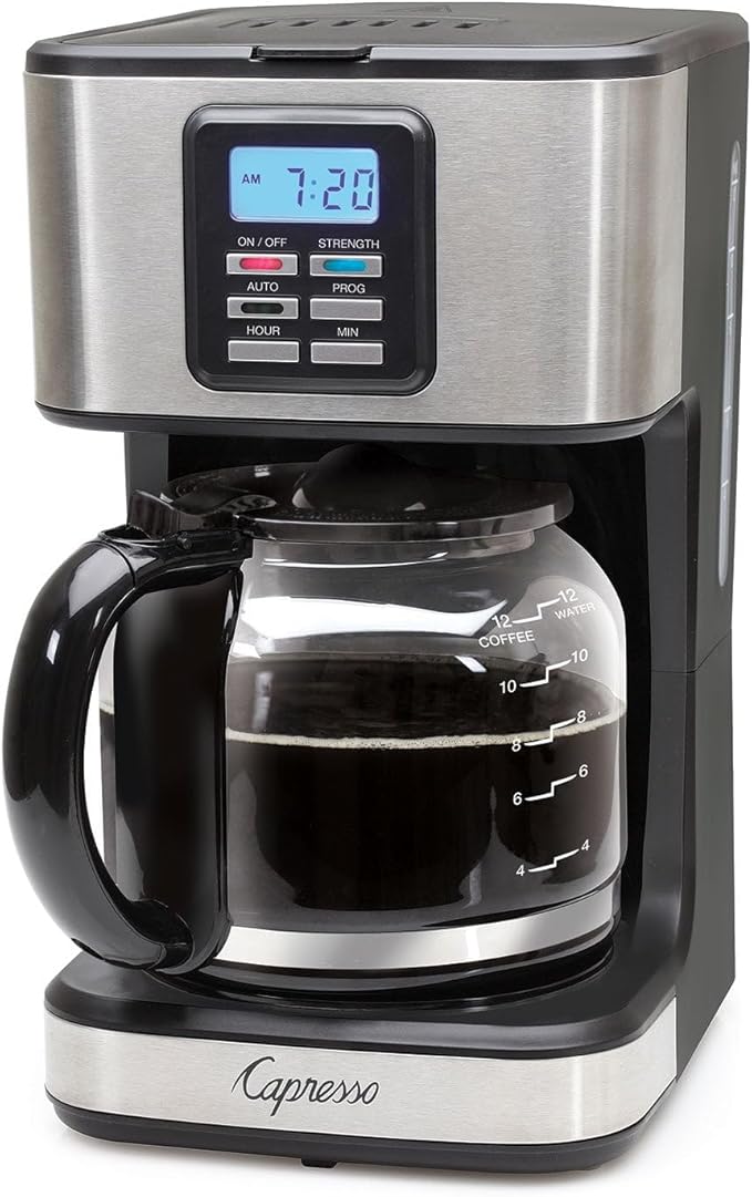 12-Cup Programmable Coffee Maker with Glass Carafe Auto Brew Function Brew Pause Feature Gold-Tone Filter 2-Hour Auto Shut-Off Water Level Indicator Nonstick Warming Plate for Home Office Kitche