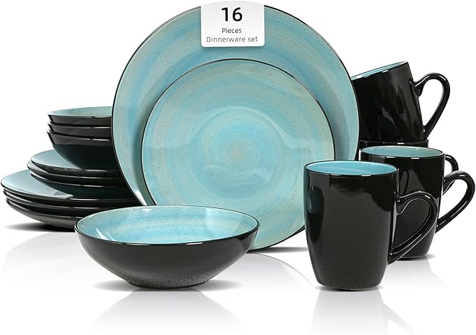 Sonoma 16 Piece Stoneware Dinner Set Outside Black + Inside Handpainted Color Turquoise with speckle