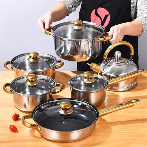 12 Pieces of Stainless Steel Cookware Set 6 Kinds of Kitchen Pot Combination Frying Pan Soup Pot Milk Pot Kettle Set PotKettle B12 pcKettle B-12 pc (Soup Pot D 12 pc)